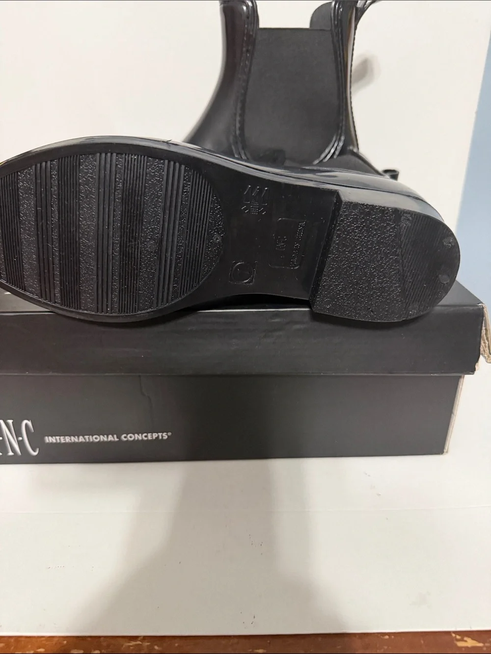 INC International Concepts Black Gloss Chelsea Rain Ankle Boots